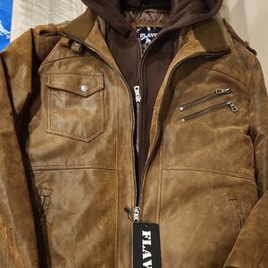 Brown Bomber Jacket with Distressed Leather and Full-Length Zipper